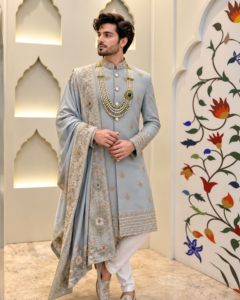 Royal Grey Embroidered Sherwani Set for Men - Image 3