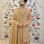Royal Golden Beige Embroidered Sherwani Set for Men