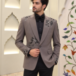 Taupe Grey Embroidered Designer Suit for Men